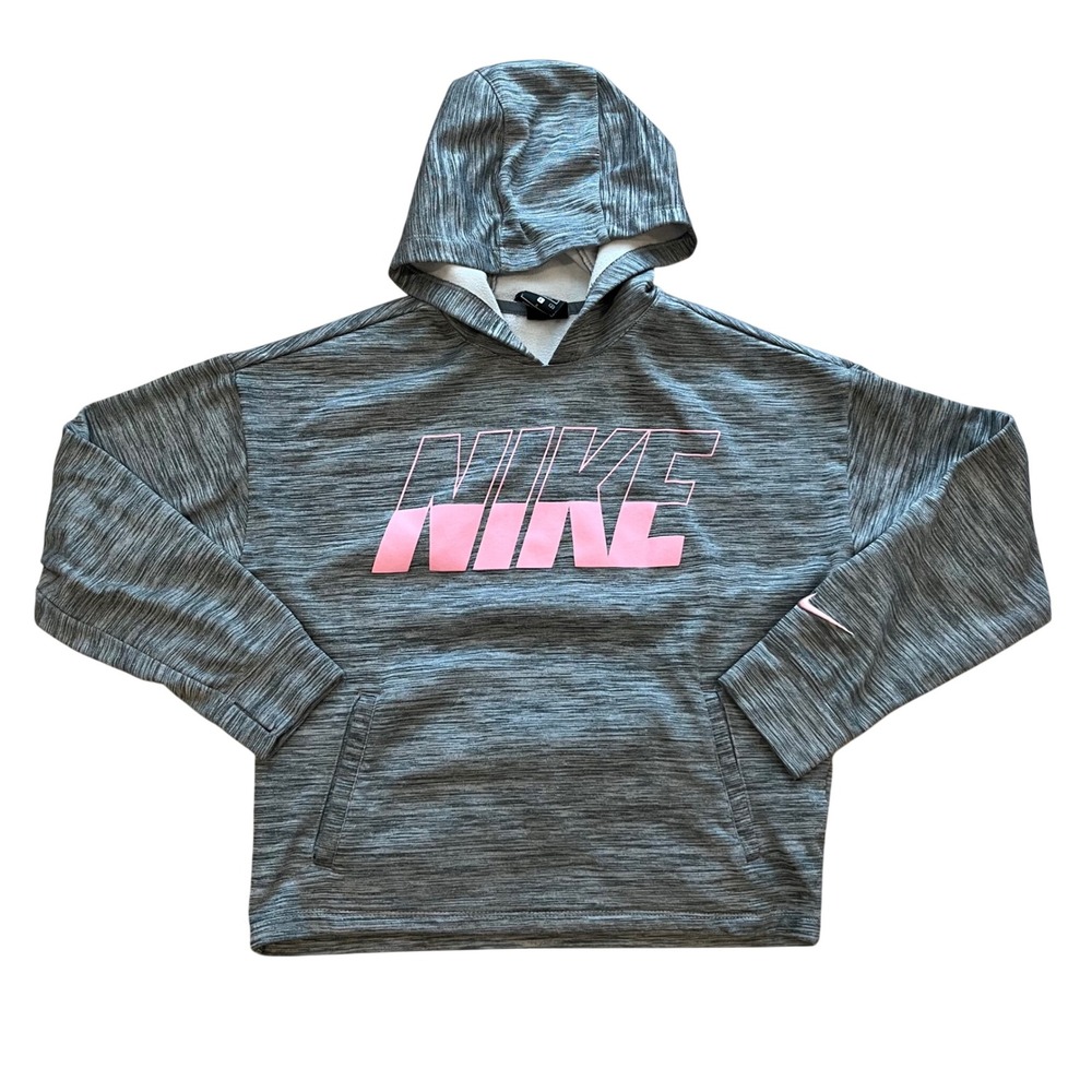 Nike Dri-FIT Hoodie Girls Large Gray Pink Space Dye Loose Fit Sweatshirt Logo
